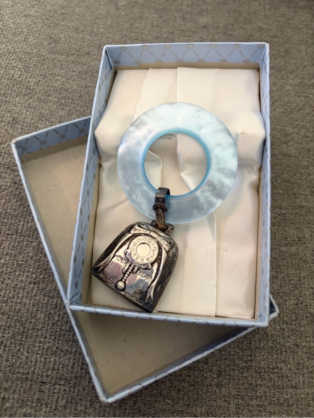 Vintage Web Sterling Blue Mother-of-Pearl BabyTeething Ring with Silver Rattle